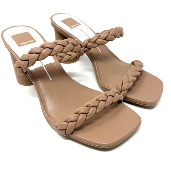 Dolce Vita Shoes - Dolce Vita Paily Braided Block Heel Slide Sandals Tan Leather Square Toe 9M